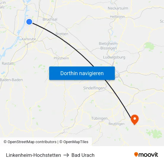 Linkenheim-Hochstetten to Bad Urach map