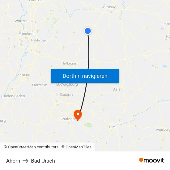 Ahorn to Bad Urach map