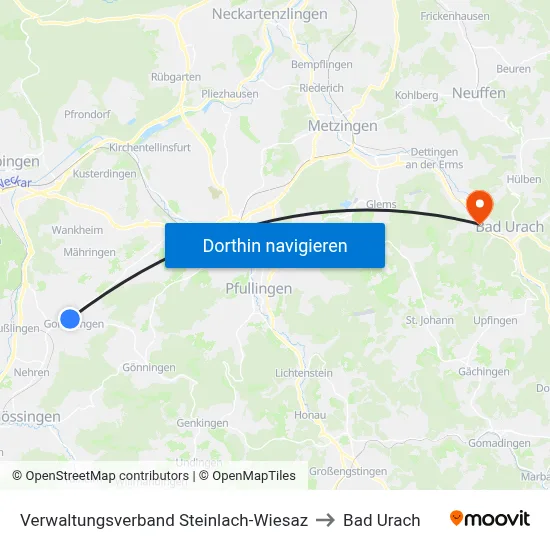 Verwaltungsverband Steinlach-Wiesaz to Bad Urach map