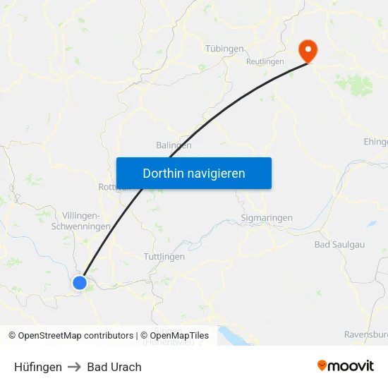 Hüfingen to Bad Urach map