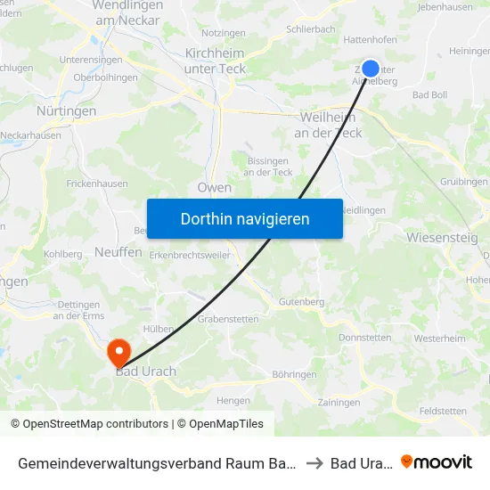 Gemeindeverwaltungsverband Raum Bad Boll to Bad Urach map
