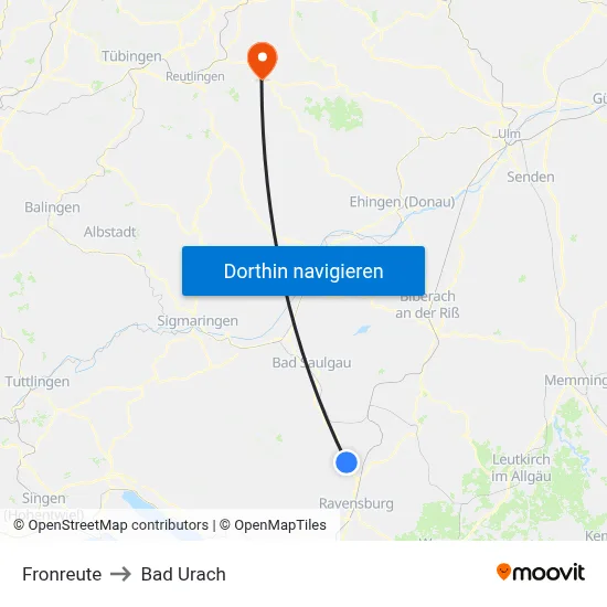Fronreute to Bad Urach map
