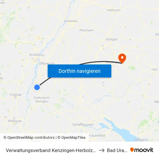Verwaltungsverband Kenzingen-Herbolzheim to Bad Urach map