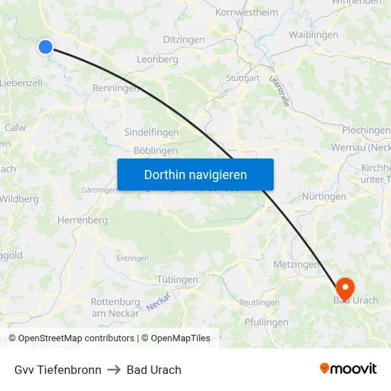 Gvv Tiefenbronn to Bad Urach map