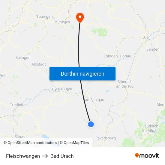Fleischwangen to Bad Urach map