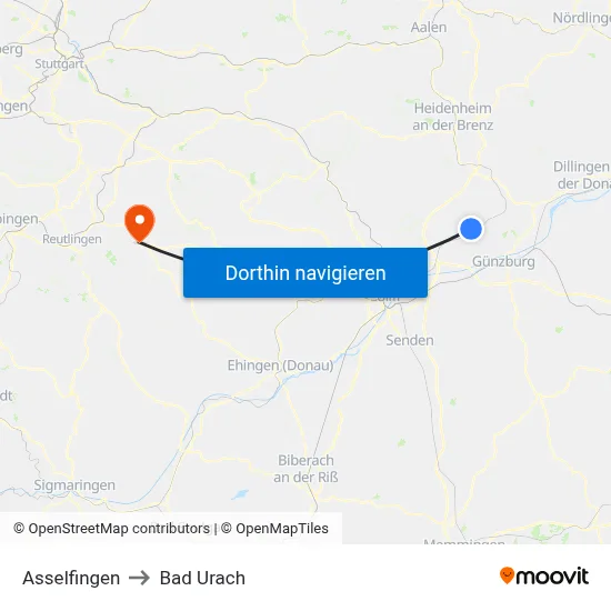Asselfingen to Bad Urach map