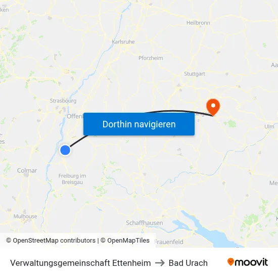 Verwaltungsgemeinschaft Ettenheim to Bad Urach map