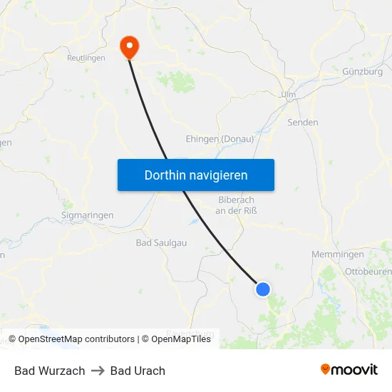Bad Wurzach to Bad Urach map