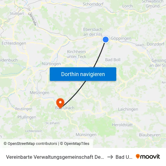 Vereinbarte Verwaltungsgemeinschaft Der Stadt Uhingen to Bad Urach map