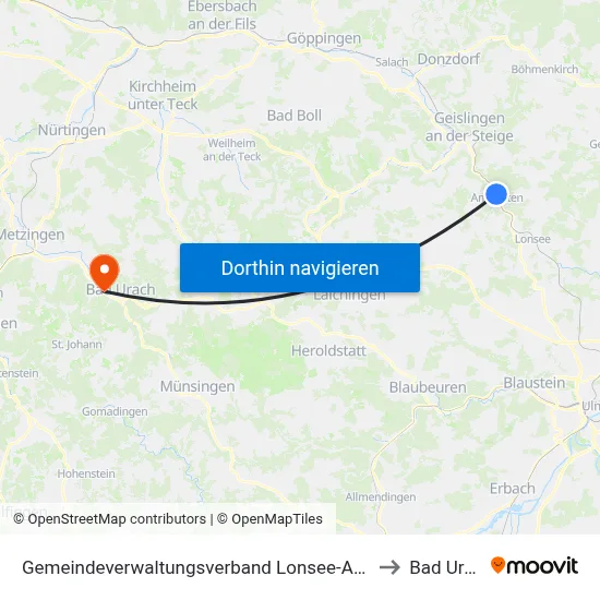 Gemeindeverwaltungsverband Lonsee-Amstetten to Bad Urach map