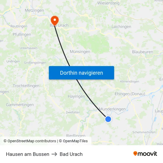 Hausen am Bussen to Bad Urach map