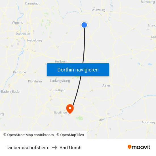Tauberbischofsheim to Bad Urach map