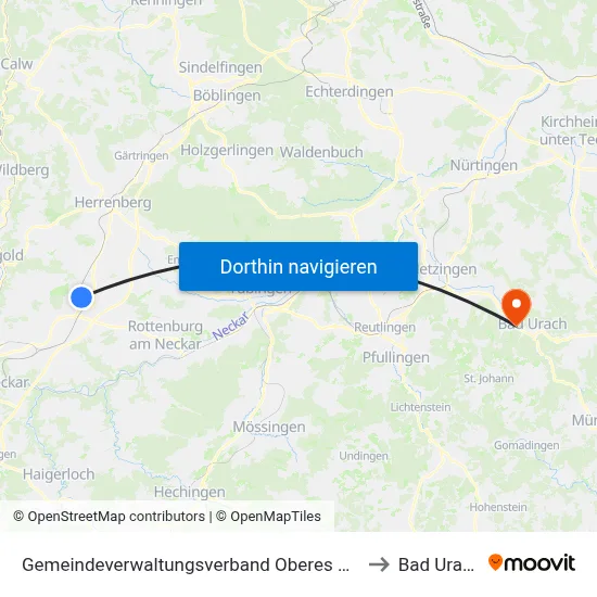 Gemeindeverwaltungsverband Oberes Gäu to Bad Urach map