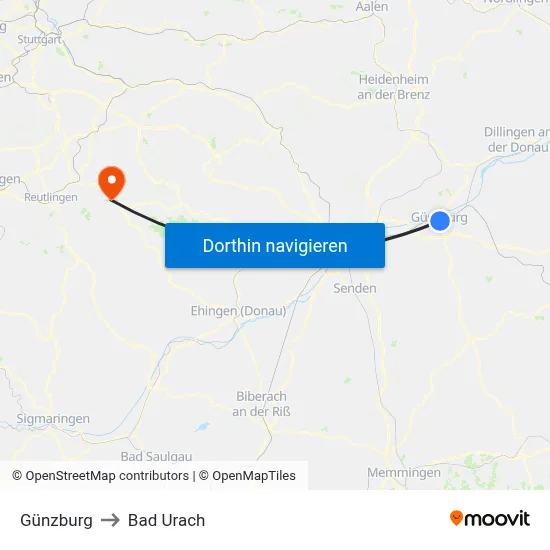 Günzburg to Bad Urach map