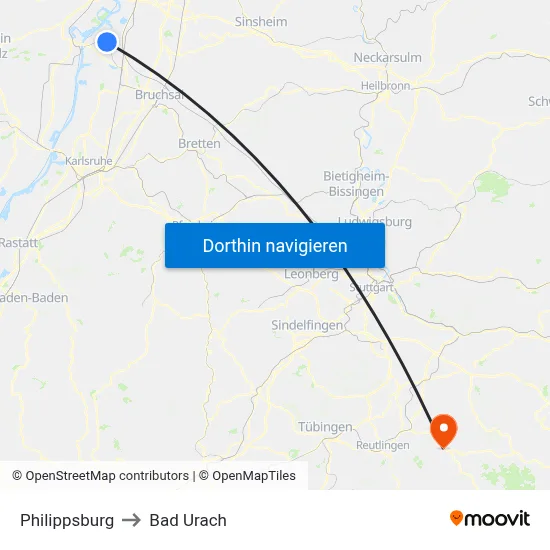 Philippsburg to Bad Urach map