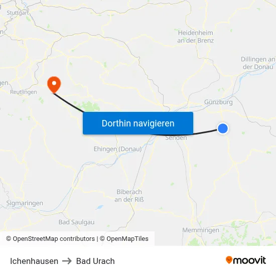 Ichenhausen to Bad Urach map
