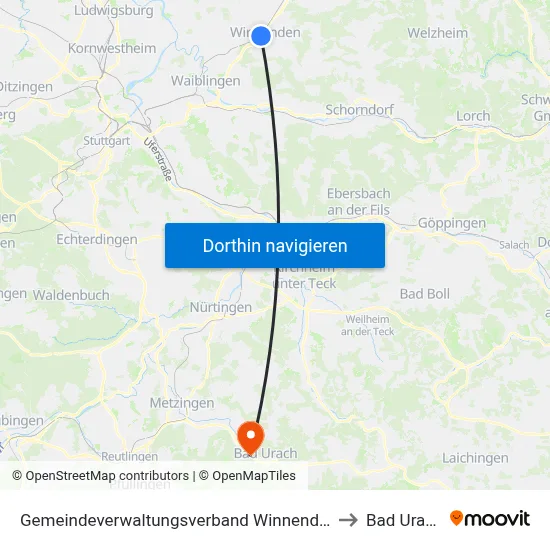 Gemeindeverwaltungsverband Winnenden to Bad Urach map
