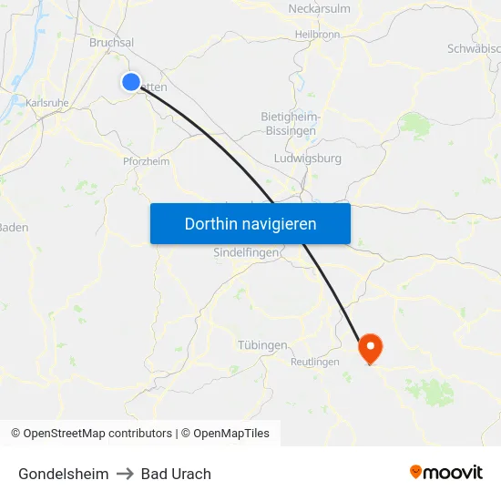 Gondelsheim to Bad Urach map