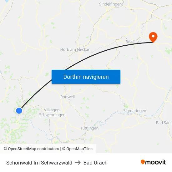 Schönwald Im Schwarzwald to Bad Urach map