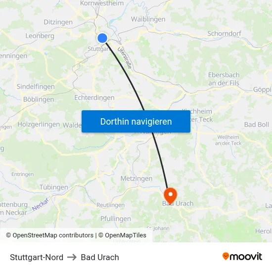 Stuttgart-Nord to Bad Urach map