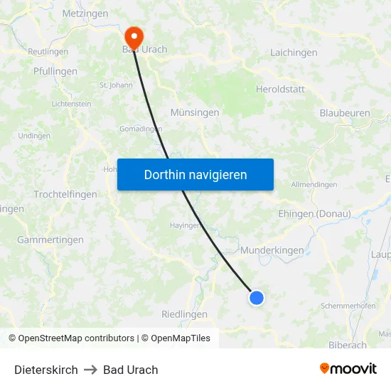 Dieterskirch to Bad Urach map