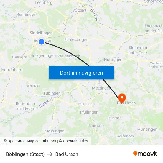 Böblingen (Stadt) to Bad Urach map