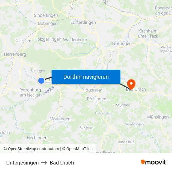 Unterjesingen to Bad Urach map