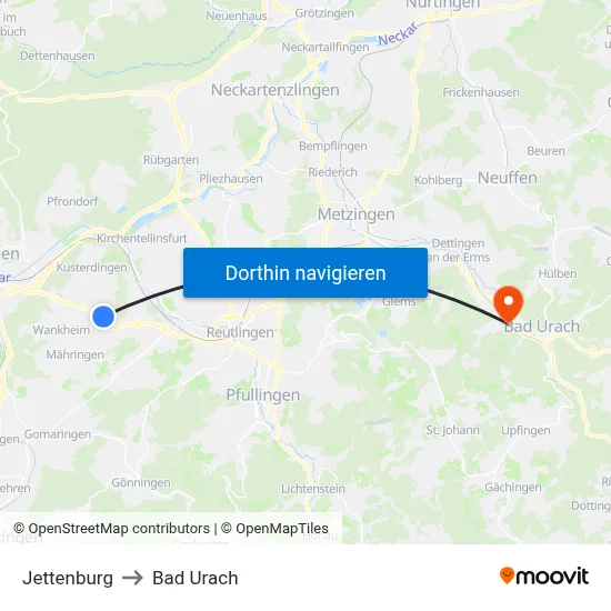 Jettenburg to Bad Urach map