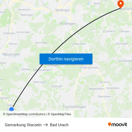 Gemarkung Starzeln to Bad Urach map