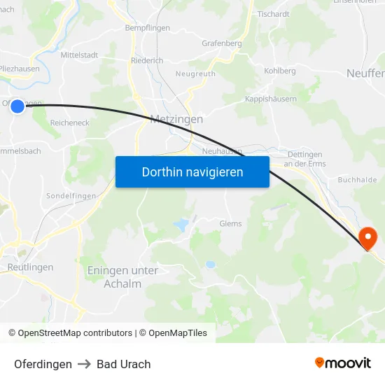 Oferdingen to Bad Urach map