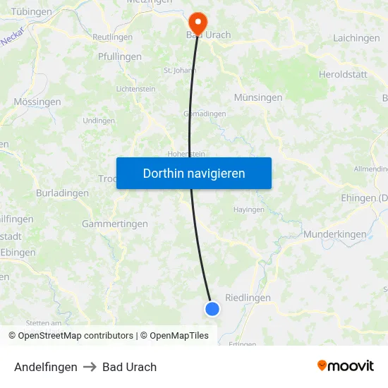 Andelfingen to Bad Urach map