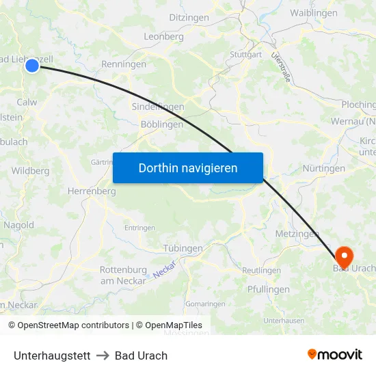 Unterhaugstett to Bad Urach map