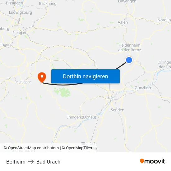 Bolheim to Bad Urach map