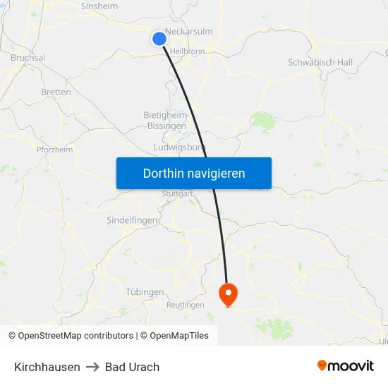 Kirchhausen to Bad Urach map