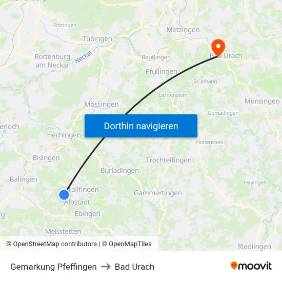 Gemarkung Pfeffingen to Bad Urach map