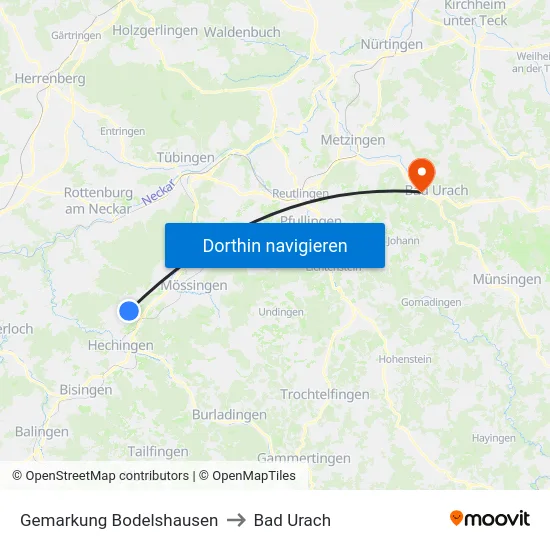 Gemarkung Bodelshausen to Bad Urach map