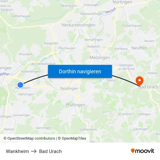 Wankheim to Bad Urach map