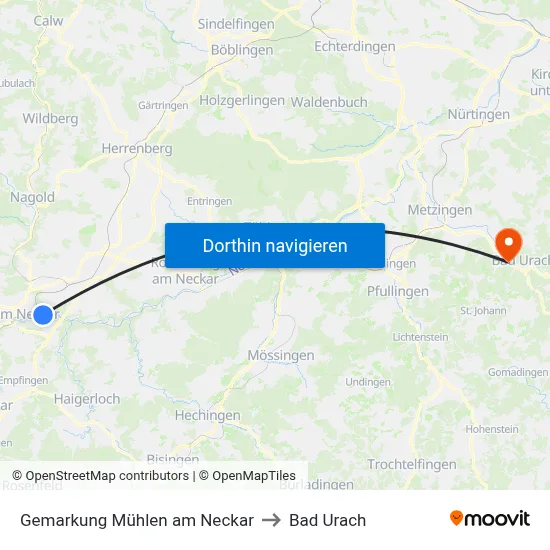 Gemarkung Mühlen am Neckar to Bad Urach map