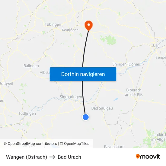 Wangen (Ostrach) to Bad Urach map