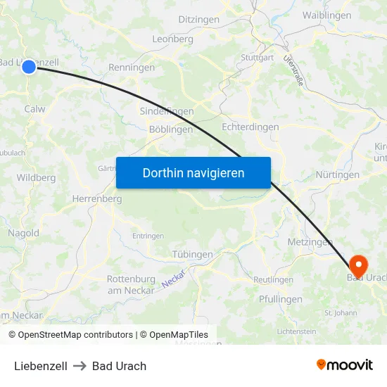 Liebenzell to Bad Urach map