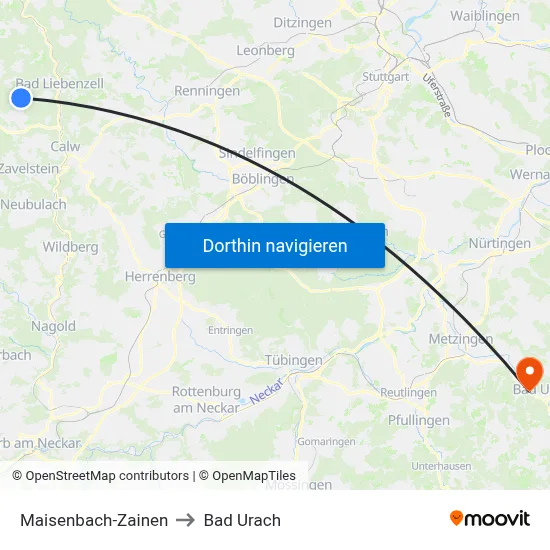 Maisenbach-Zainen to Bad Urach map
