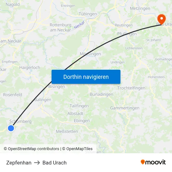 Zepfenhan to Bad Urach map
