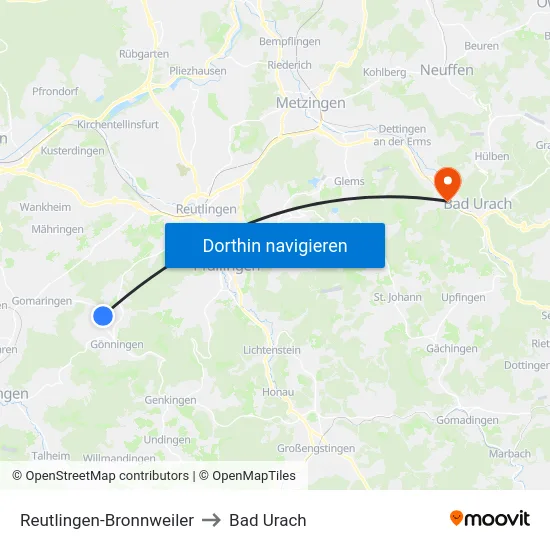 Reutlingen-Bronnweiler to Bad Urach map