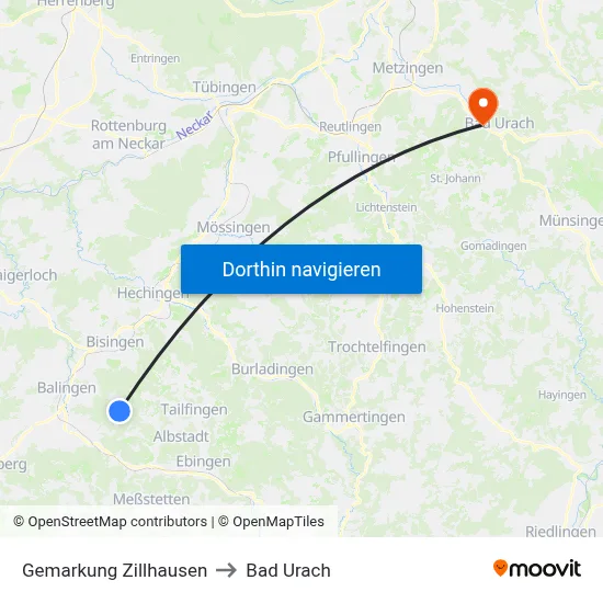 Gemarkung Zillhausen to Bad Urach map