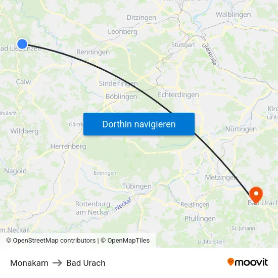 Monakam to Bad Urach map