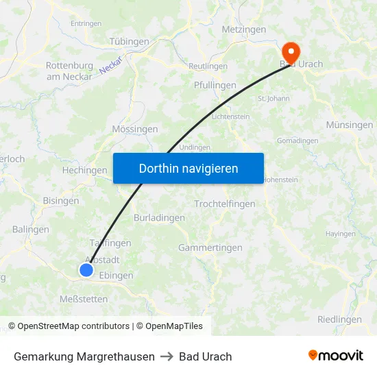 Gemarkung Margrethausen to Bad Urach map