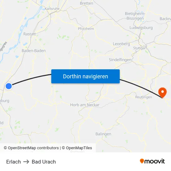 Erlach to Bad Urach map