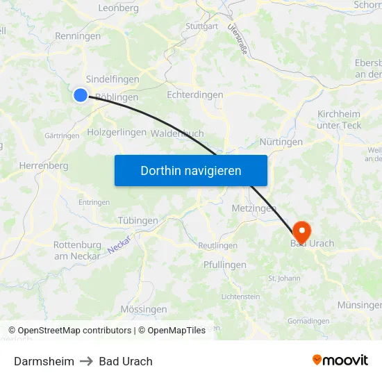 Darmsheim to Bad Urach map