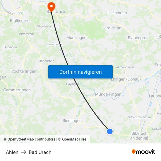 Ahlen to Bad Urach map