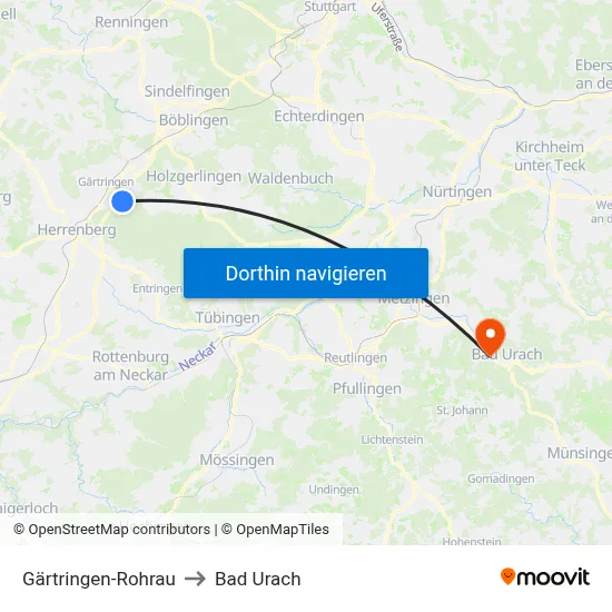 Gärtringen-Rohrau to Bad Urach map